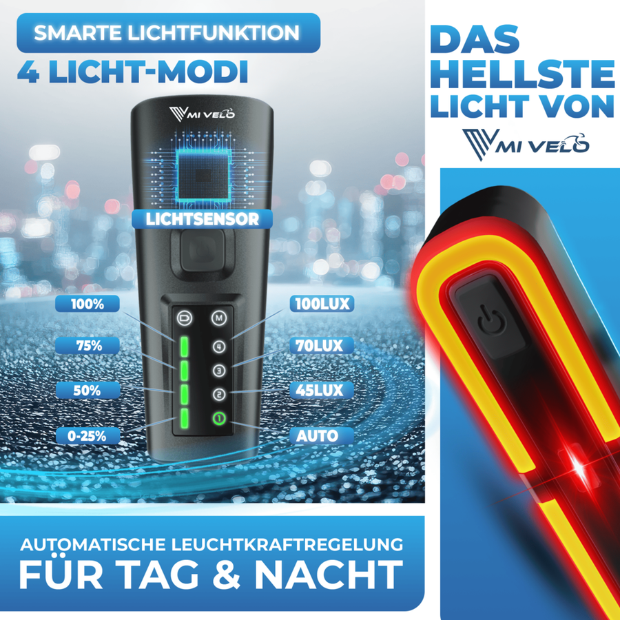 Smart-Ultimate Fahrradlicht-Set - LED - 100 Lux - Bremslicht - USB - Schwarz