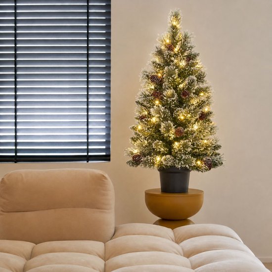 Black Box Trees Vandans Kunstweihnachtsbaum mit Beleuchtung – Weihnachtsbaum H 90 x Ø 48 cm – Kunstbaum im Topf mit verschneiten Zweigen – Grün