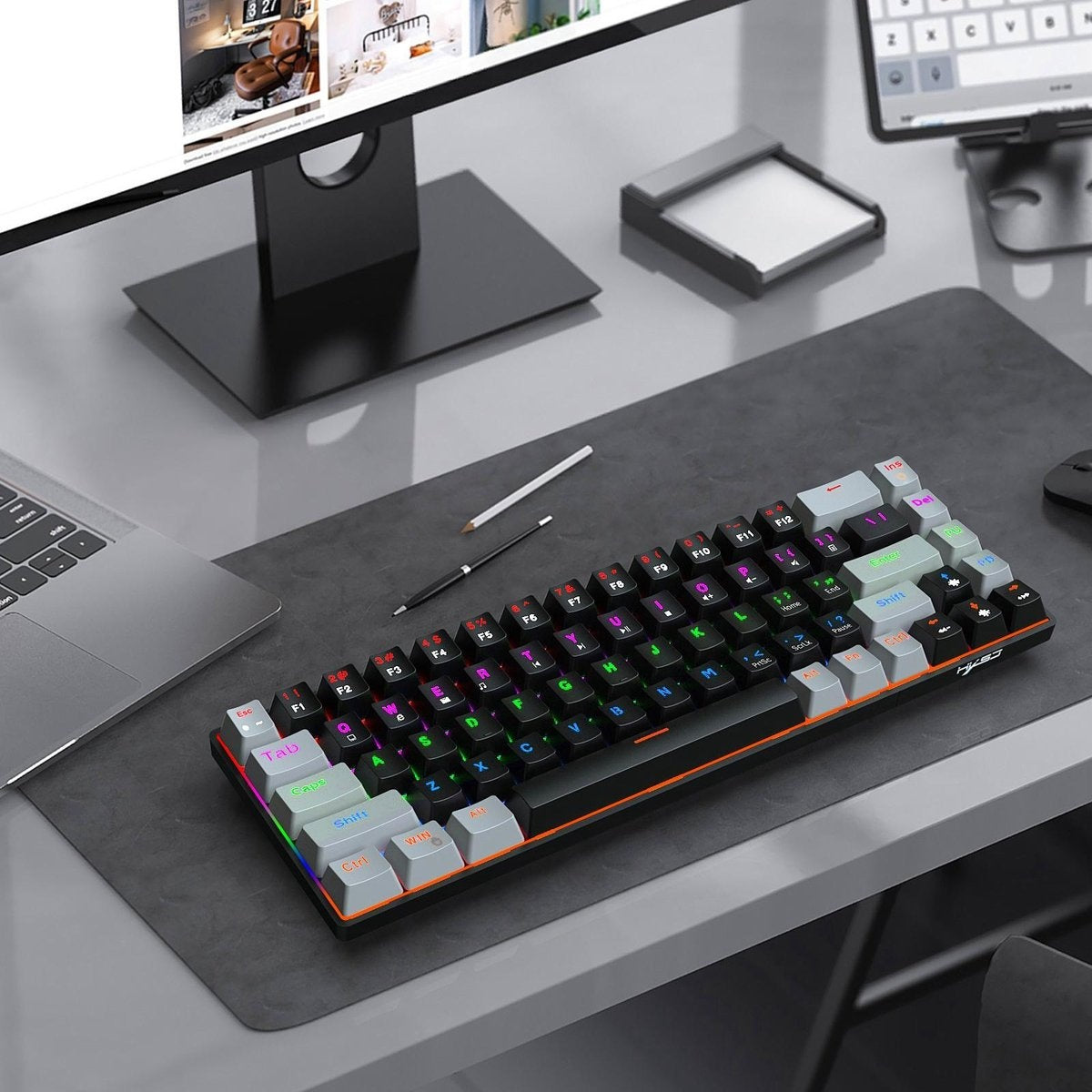 HXSJ V800 - Mechanische RGB-Gaming-Tastatur - QWERTY - 68 Tasten - TKL - Blauer Schalter - Schwarzgrau