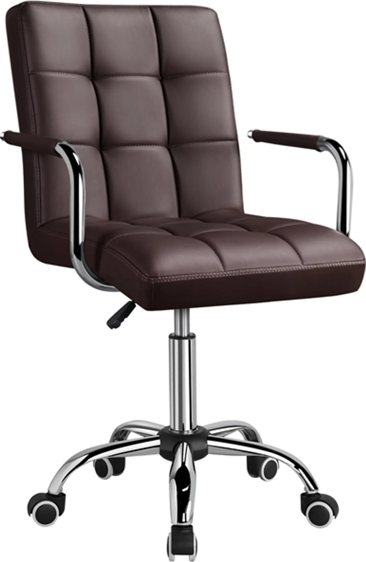 Yaheetech Bürostuhl mit verstellbarer Sitzhöhe - 55 x 60,5 x 86,5-102 cm - Ausgestattet mit bequemer Schaumstoffpolsterung und schalldämpfenden Rädern und verzinktem Metallrahmen - Für Büro und Heimarbeitsplatz - Braunes Kunstleder und Metall