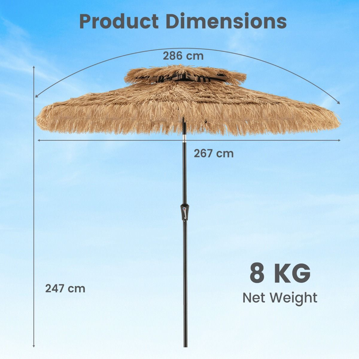 Coast Hawaiian Wicker Tiki Parasol 267x247 cm - Natürlicher Terrassen-Sonnenschirm mit Kurbel, Kippmechanismus & 8 stabilen Ballen