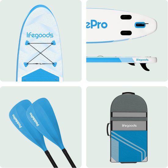 LifeGoods SUP Board All-round Compact - Mit Sitz - 100 KG Tragfähigkeit - 300 x 76 cm - Aufblasbar - Komplettes SUP Paket - Himmelblau