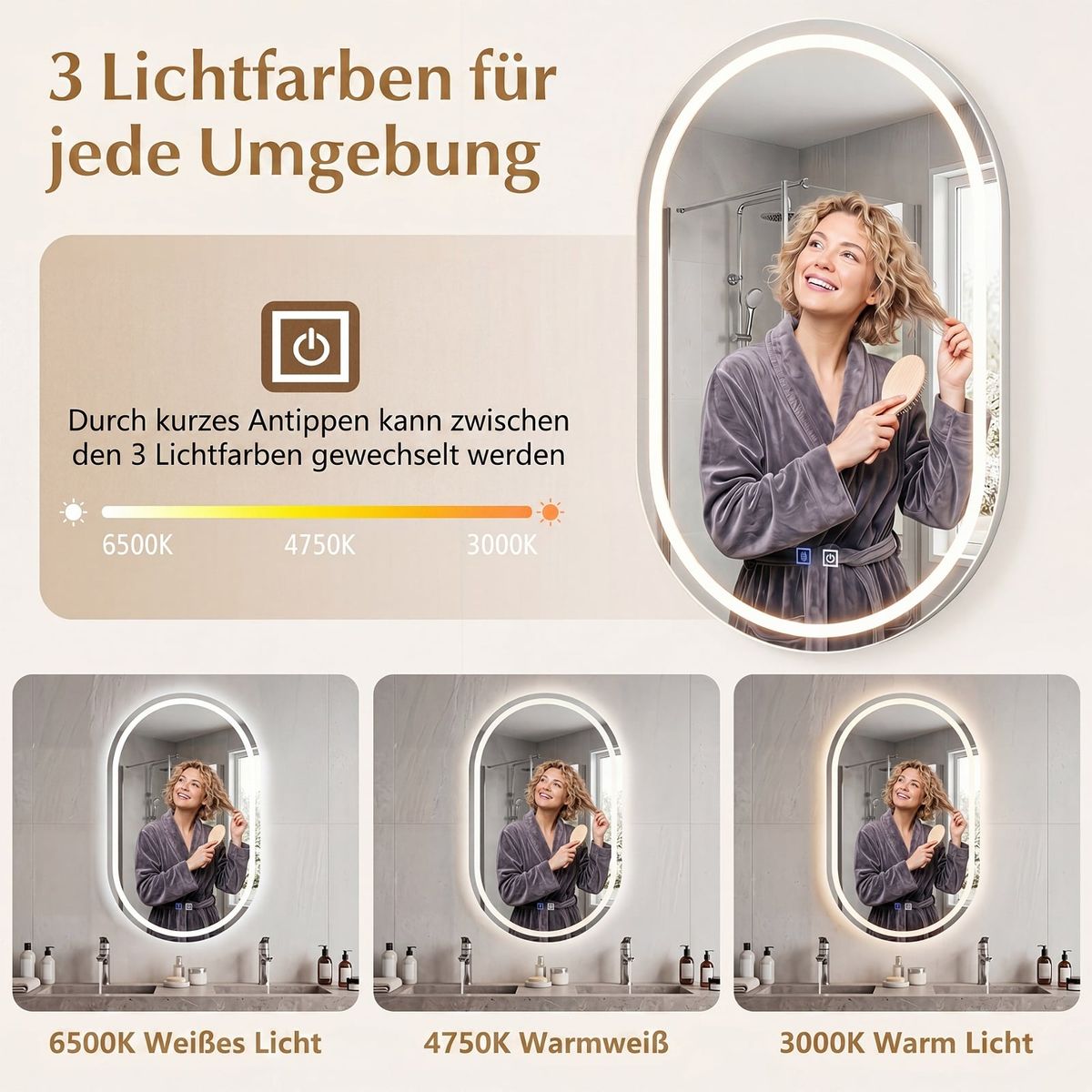 Coast Badezimmerspiegel mit LED-Beleuchtung – ovaler Wandspiegel – Antibeschlagfunktion – silber 50 x 80 cm