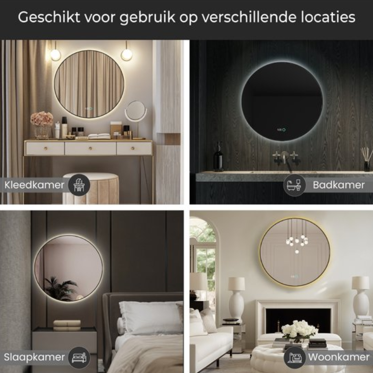 Lumoire Neon 8000 Spiegel mit Beleuchtung – schwarzer Rand – Ø 80 cm – rund, beschlagfrei, Uhr