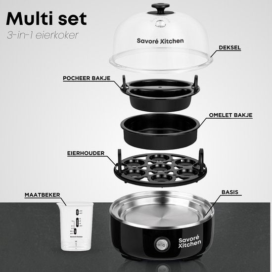 Savoré Kitchen 3-in-1 Eierkocher 7 Eier - Elektrisch - Eierkocher mit Zeitschaltuhr - Schwarz