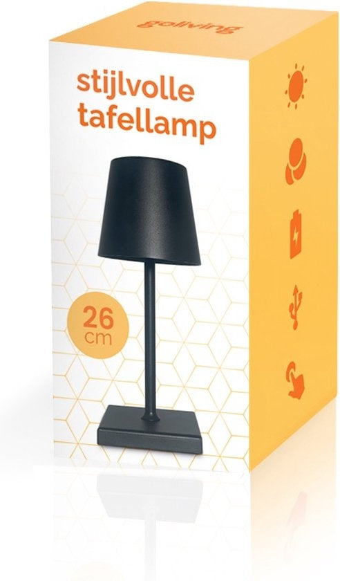 Goliving Tischlampe Wiederaufladbar - Kabellos und dimmbar - Moderne Touch-Lampe - Nachtlampe für das Schlafzimmer - 26 cm - Schwarz