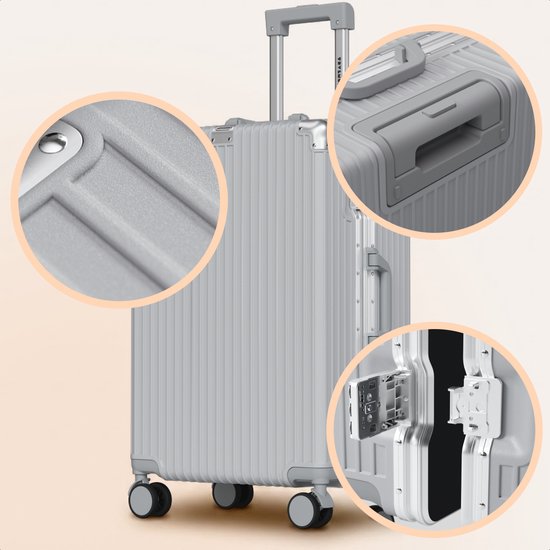TRVLMORE Premium-Reisekoffer, mittelgroß – 65 x 43 x 26 cm – 360°-Spinner-Rollen – Doppeltes TSA-Zahlenschloss – Polycarbonat – Ohne Reißverschluss – 72 Liter – Silber