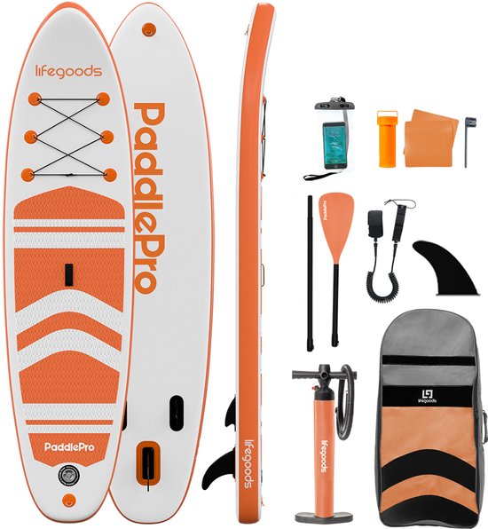 LifeGoods PaddlePro SUP Board - Aufblasbares - Komplettset - Max. 135KG - 320x81cm - Weiß/Orange