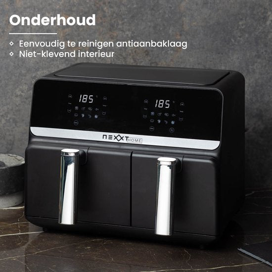 Nexxt Digital Double Airfryer XXL - Heißluftfritteuse mit Touchscreen - Fassungsvermögen 5,5 + 3,5 Liter - 8 Kochprogramme - Schwarz