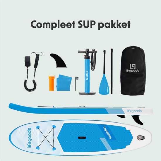 LifeGoods SUP Board All-round Compact - 100 KG Belastbarkeit - 300 x 76 cm - Aufblasbar - Komplettes SUP Paket - Weiß/Himmelblau