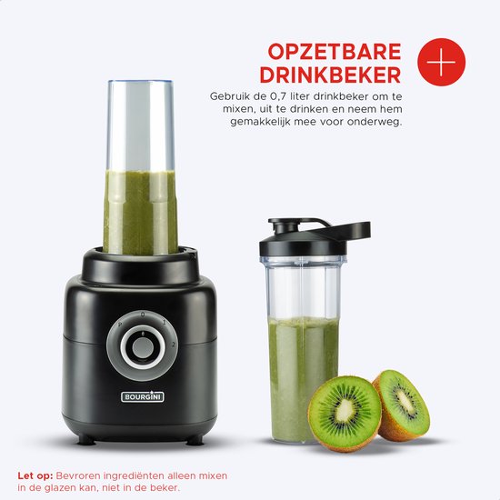 Bourgini PowerBlender - 1.75L - Blender zum Mitnehmen mit 700ml Becher - Blender Smoothie und Eiscrusher - 1000 Watt - Schwarz