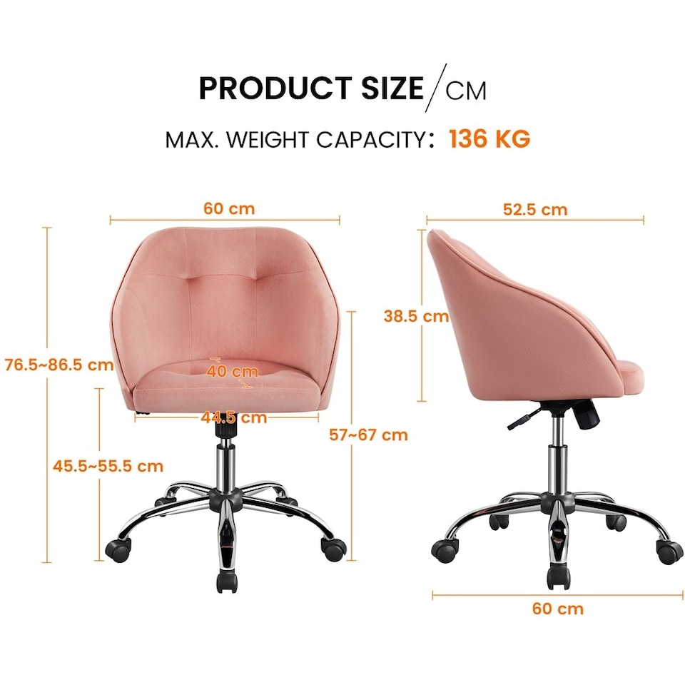 Yaheetech Ergonomischer Bürostuhl aus Samt – Verstellbar von 76,5 bis 86,5 cm – 60 x 60 cm – Hellrosa