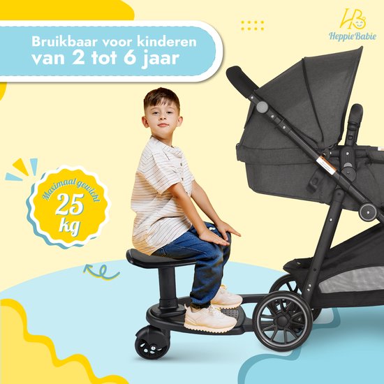 HeppieBabie Mitfahrbrett - Mit Sitz und Getränkehalter - Maße beachten! - Für Kinderwagen oder Buggy - Buggy Board