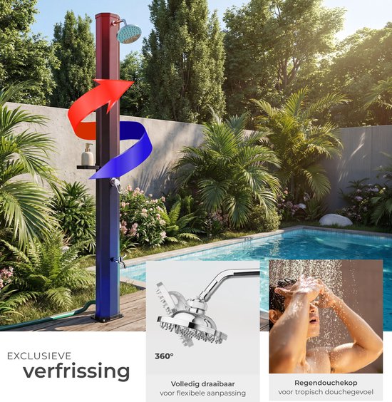 tectake® Außendusche – Solar – 35 l – Warmwasser bis 60 °C – Mit Schutzhülle und Seifenschale – Gartenschlauchanschluss – Gartendusche mit großem, verstellbarem Duschkopf und Fußhahn – Solardusche – Campingdusche mit Solarenergie – Schwarz
