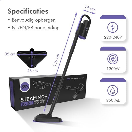 Motionflow - 16-in-1 Dampfreiniger - Fleckenreiniger - Tiefenreinigung für Boden, Sofa, Bad und Teppich - Schwarz