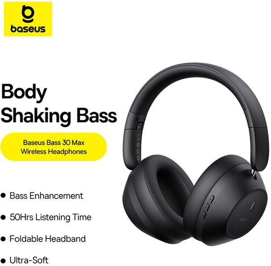 Baseus Bass 30 Max Bluetooth-Kopfhörer, kabellose Kopfhörer – Over-Ear-Kopfhörer – 50 Stunden Akkulaufzeit, Bluetooth 5.3, schwarz