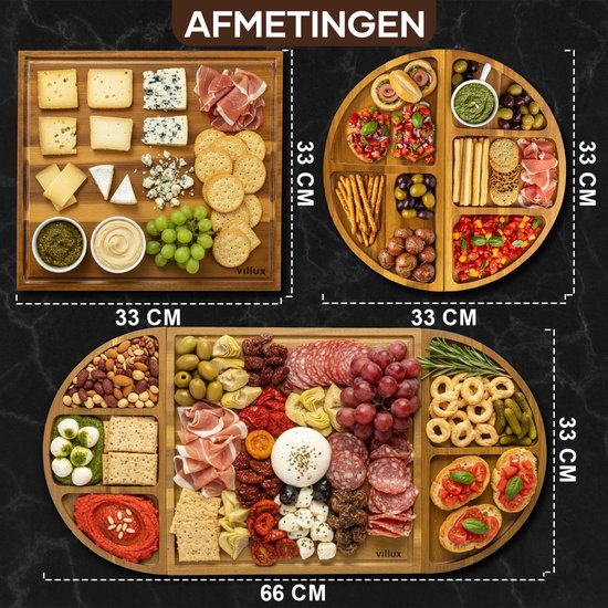 Villux Tapas-Brett – Snackbrett – Servierbrett – Käsebrett – Häppchenbrett – Tapas-Brett aus Akazie – Magnetisches Snackbrett – Inklusive E-Book – 66 cm