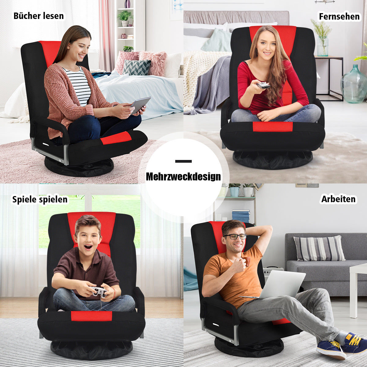 Coast Boden Stuhl Swivel Relax - Bis 140 kg - 61–87 x 55 x 75 cm (L x B x H) - Rot/Schwarz