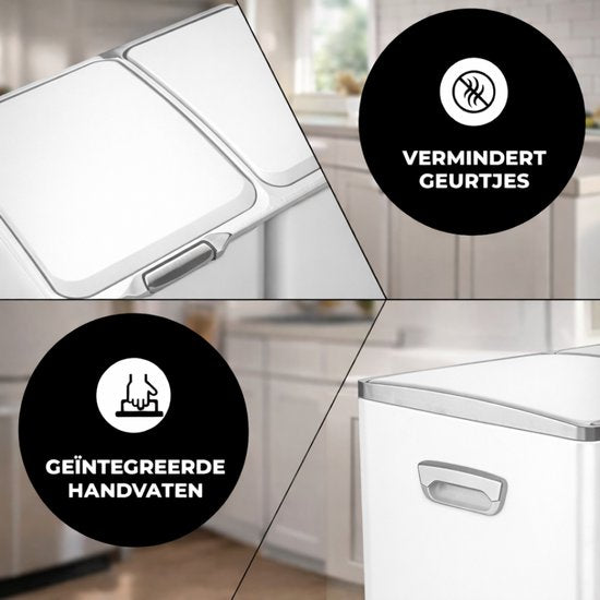Bayt Mülleimer - Mülleimer 60 Liter - Mülleimer 60 Liter - Treteimer 60 Liter - Mülleimer Abfalltrennung - Mülleimer 3 Fächer - Mülleimer - Edelstahl - Weiß