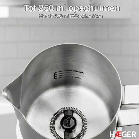 Haeger Super Foam Elektrischer Milchaufschäumer – BPA- und PFAS-frei – Warmhaltefunktion und Antihaftbeschichtung – 250 ml – 600 W – Praktischer Milchaufschäumer – Milchaufschläger – Weiß