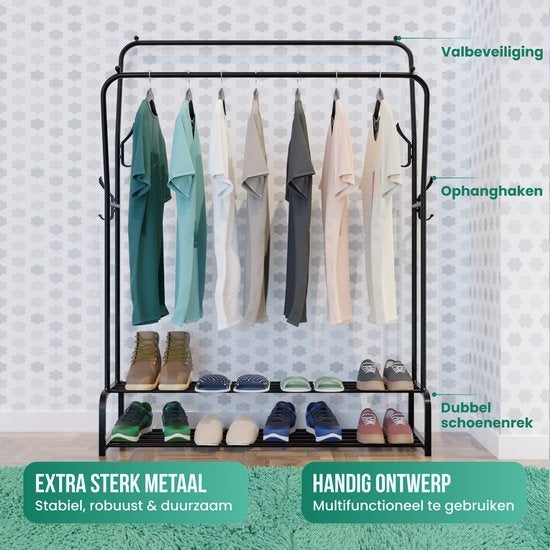 Avalo Industrial Clothes Rack Double Rod - Metall - 110x33x150 CM - Schwarz - Lagerung für Schuhe - Garderobe Rack mit Haken