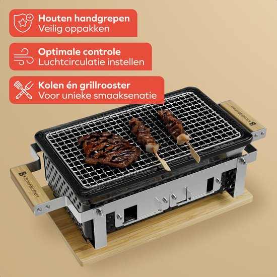 KitchenBrothers Kamado Hibachi Grill - PFAS frei - mit Grillrost und Stöcken - Holzkohlegrill - Shichirin Tischgrill - Rechteckiger BBQ - Keramikgrill - Schwarz