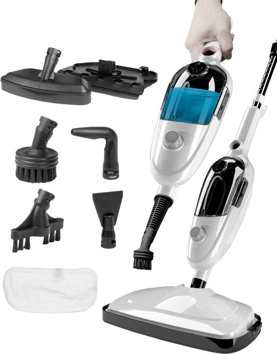 URGOODS - Hochdruck 2-in-1 Dampfreiniger & Händetrockner - Weißer Kunststoff - Inklusive 8 Aufsätze & 2 Mikrofasertücher - Für Boden & Sofa - Multifunktional & Hygienisch