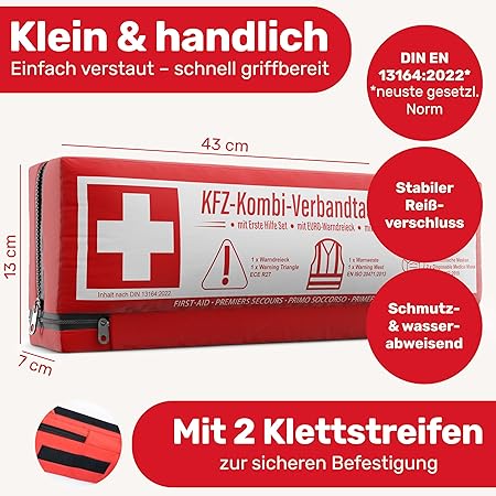 Auto-Kombi-Tasche (3 in 1) nach aktueller Norm 2026 - inkl. Warndreieck, Warnweste - Verbandskasten Warndreieck-Set Auto-Verbandskasten DIN 13164:2022 (nach deutschem Verkehrsrecht)