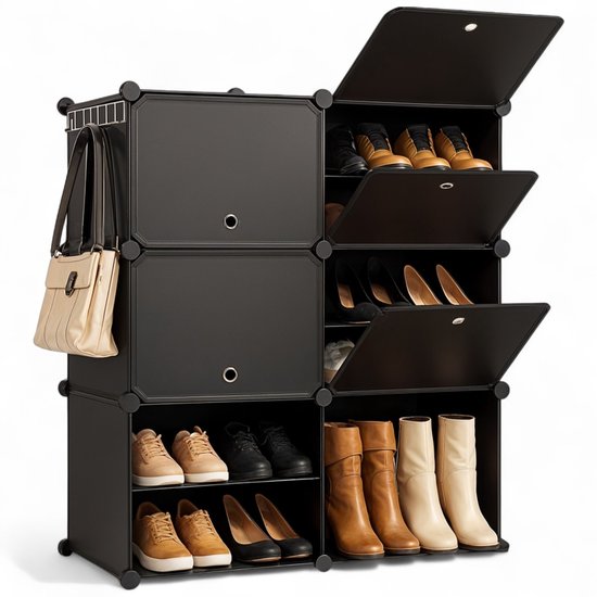 Goliving Faltbarer Aufbewahrungsschrank - 24 Paare - 92 x 82 cm - Schuhschrank - Schuhregal mit Türen - Schuhbank - Schwarz