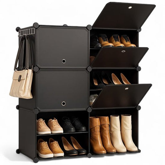 Goliving Faltbarer Aufbewahrungsschrank - 24 Paare - 92 x 82 cm - Schuhschrank - Schuhregal mit Türen - Schuhbank - Schwarz