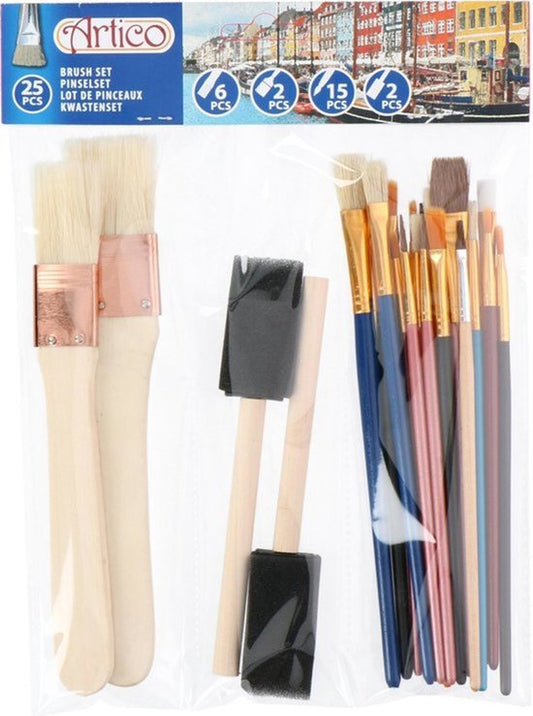 Artico Pinselset - 25 Stück - Geeignet für verschiedene Farbtypen - Leicht zu reinigen - Holz