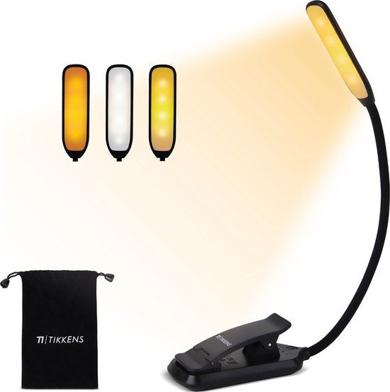 Tikkens LED-Leselicht für Buch - Nachttisch-Leselicht für Bett - Buchlampe USB wiederaufladbar mit Klemme - Buchlampe mit 3 Lichtstufen