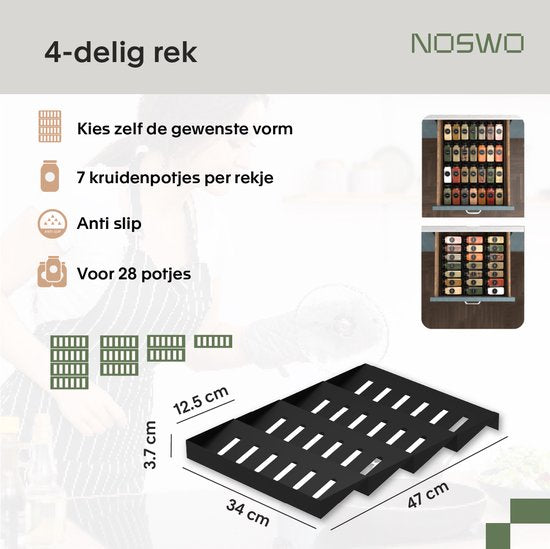 Noswo Gewürzregal Schublade - 4 Schichten - für 28 Gewürzdosen - Edelstahl - Gewürzorganisation - Küchenschubladenorganisation