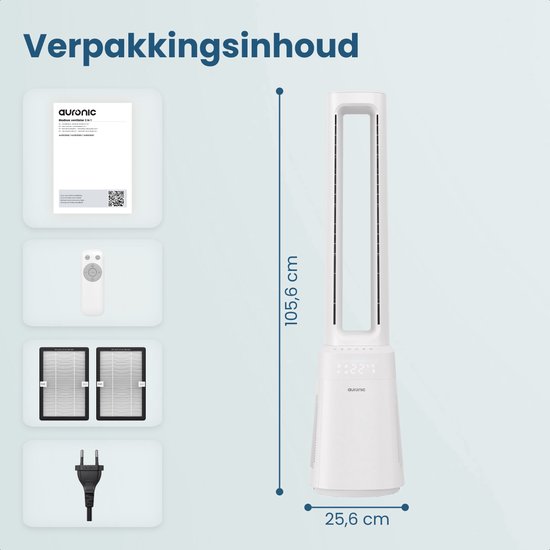 Auronic Turmventilator – blattloses 2-in-1-Modell – Luftreiniger mit HEPA-Filter – Ventilator – 10 Stufen – Fernbedienung – 105 cm – Weiß