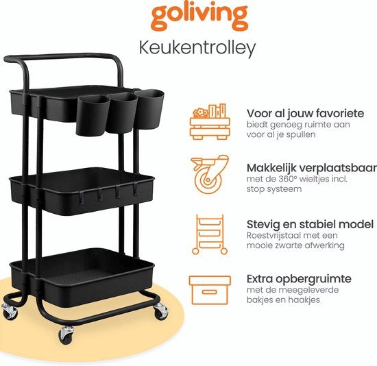 Goliving Küchenwagen auf Rädern - Servierwagen - Küchenwagen - Mit Haken und Tabletts - Mobil und feststehend - 3 Ebenen - Schwarz