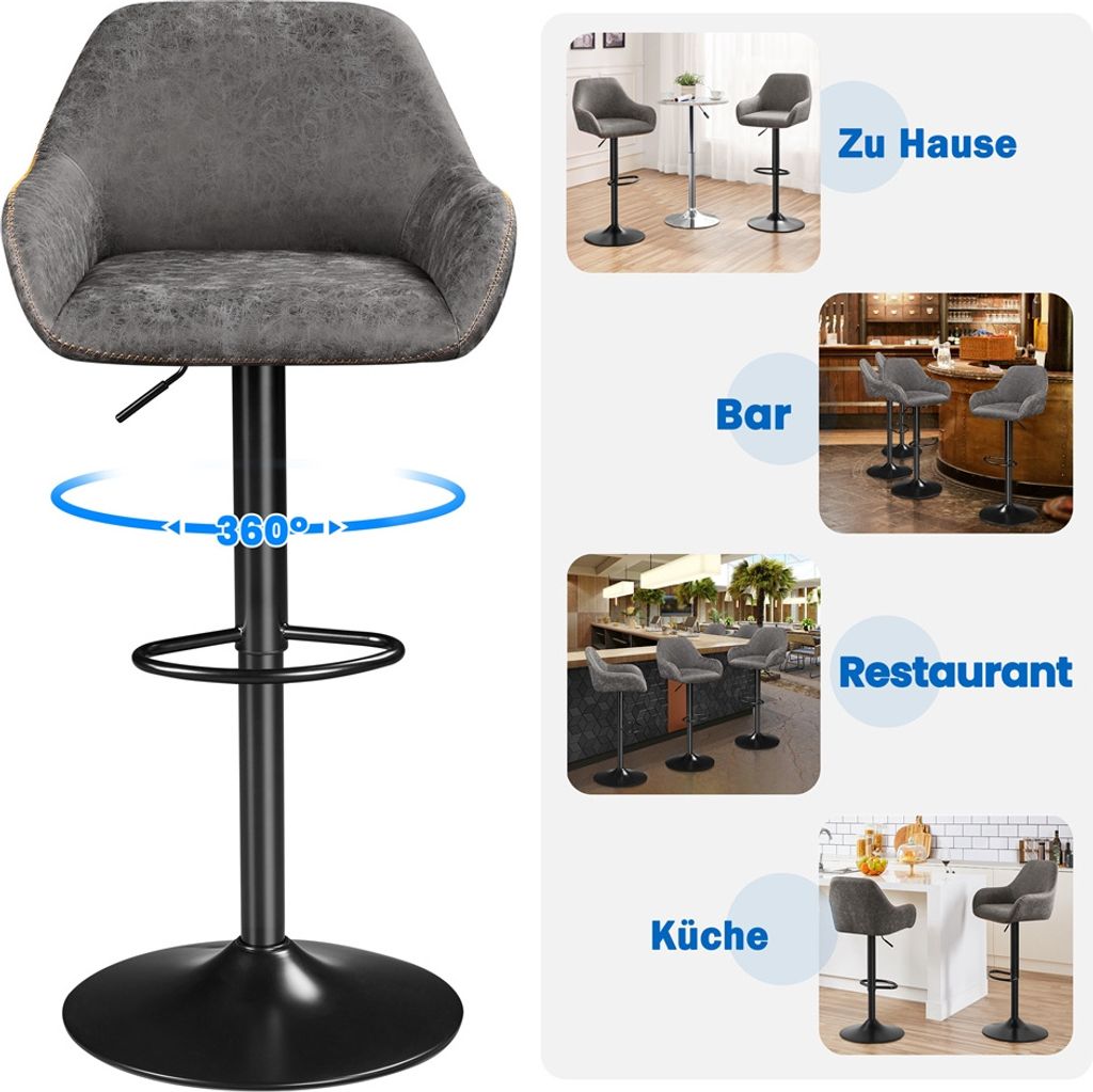 Yaheetech 2er-Set Barhocker mit Rückenlehne – um 360° drehbar – höhenverstellbar von 87,5 bis 107,5 cm – Kunstleder und Metall – grau