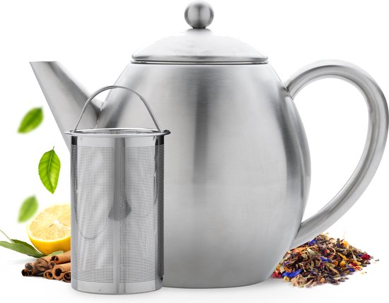 Vaja® Teekanne Valerie aus Edelstahl – Teekanne – Teekanne mit Sieb – Teekanne – Doppelwandige Teekanne – Teekanne mit Warmhaltefunktion – Teekanne aus Edelstahl – 1,2 Liter