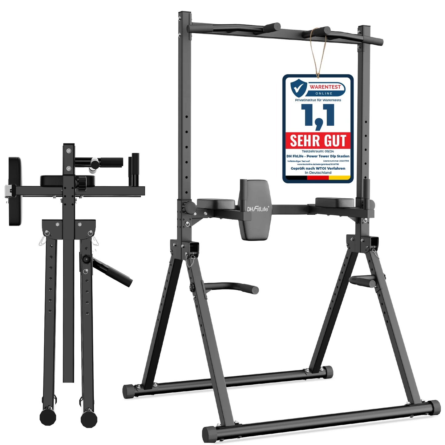 DH FitLife Faltbare Power Tower Dip-Station – Freistehende Klimmzugstange bis 150 kg für das Heimfitnessstudio