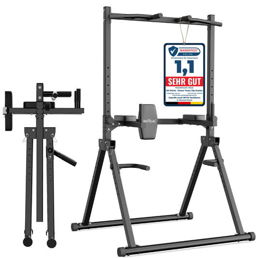 DH FitLife Faltbare Power Tower Dip-Station – Freistehende Klimmzugstange bis 150 kg für das Heimfitnessstudio