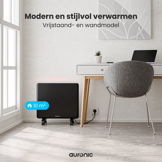 Auronic Konvektorheizung - 1000W - Elektroheizung - 3 Stufen - Metallheizkörper - Freistehend - Räder - Schwarz