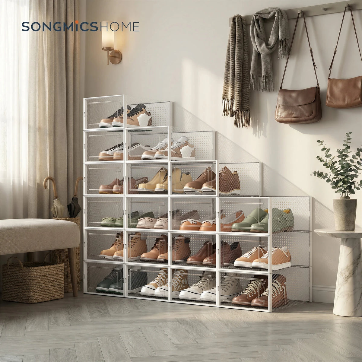 Joyfurnos stapelbare Schuhaufbewahrungsboxen, 18 Stück – transparent-weiß – 35 x 25,2 x 19 cm