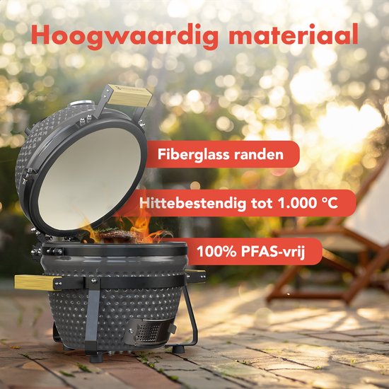 KitchenBrothers Kamado BBQ - 13 Zoll Holzkohlegrill - 27⌀ cm - PFAS-frei - Deluxe Set - Eiergrill mit Zubehör inklusive Abdeckung - Grau
