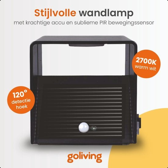 Goliving Wall Lamp Rechargeable - Wandleuchte für Innenräume - Kabellos - Mit Bewegungssensor - USB-C - 4400 mAh - Warmweißes Licht - 10 x 10 x 10 cm - Schwarz