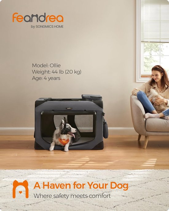 Feandrea Faltbare Reisetasche für Haustiere PDC90G01 – Große weiche Transportbox für Hunde und Katzen, 91 × 63 × 63 cm – Grau – Atmungsaktiv mit Netzfenstern und Staufächern