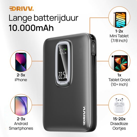 Powerbank 10.000 mAh, MagSafe-kompatibel, mit USB-C-Kabel – 3-in-1-Design – 22,5 W kabellose Powerbank – inklusive 60-W-Ladekabel – Schnellladefunktion – USB & USB-C – Schwarz