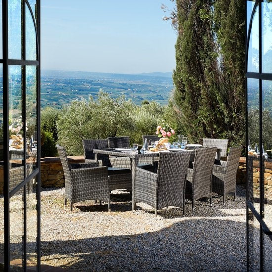 tectake - Aluminium-Geflecht-Gartenmöbel-Set 8 Stühle mit Tisch mit Glasplatte, inkl. 2 Kissen-Sets und Schutzhülle, wetterfeste Balkonmöbel - grau - Poly-Rattan