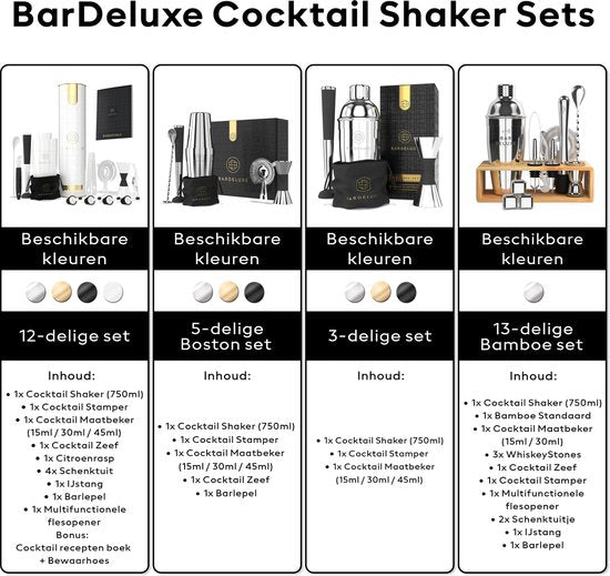 BarDeluxe® Cocktail Set - 12-teilig - Cocktail Shaker 750 ml - Edelstahl - Inklusive luxuriöser Geschenkbox - Aufbewahrungstasche & Rezeptbuch - Weiß