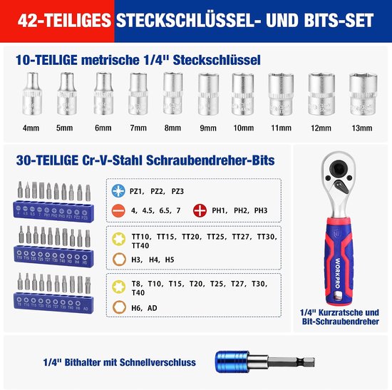 42-teiliges Steckschlüssel- und Bitset mit Ratsche und Magnethalterung