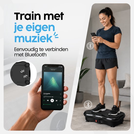 Infinity Goods Vibrationsplatte Premium – Fitness-Vibrationsplatte – inklusive Widerstandsbänder und Griffe – Powerplate – 5 Trainingsprogramme – 99 Geschwindigkeitsstufen – Bluetooth-Musik – Schwarz