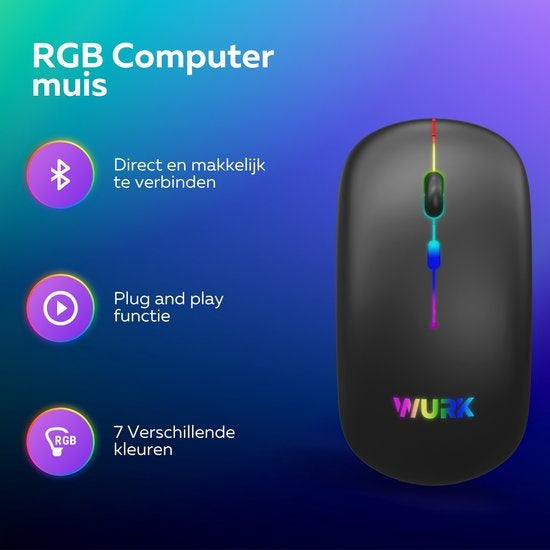 Wurk Wireless RGB Mouse - Wiederaufladbar - Bluetooth 4.0 - 2.4GHz - USB - Drahtlos - Computermaus - Laptop - PC - Schwarz